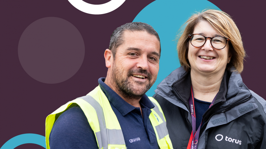 Photo of two members of staff against a colourful background